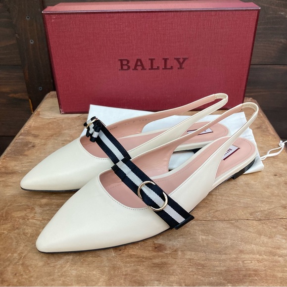 Bally slingback flats ballet flats slides off white & black pointy toe 10.5 - Picture 1 of 14